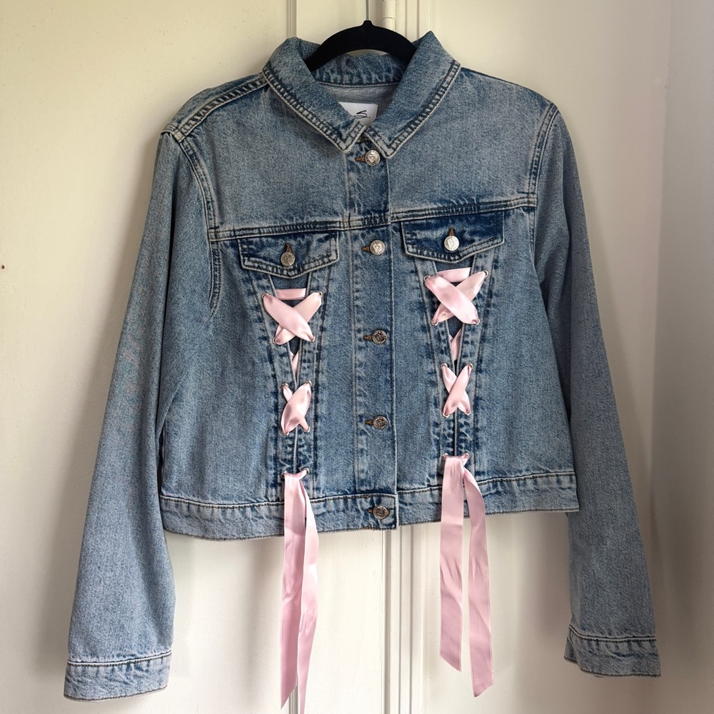 ASOS Miss Selfridge Denim Jacket with Satin Ribbon in Mid Blue Wash